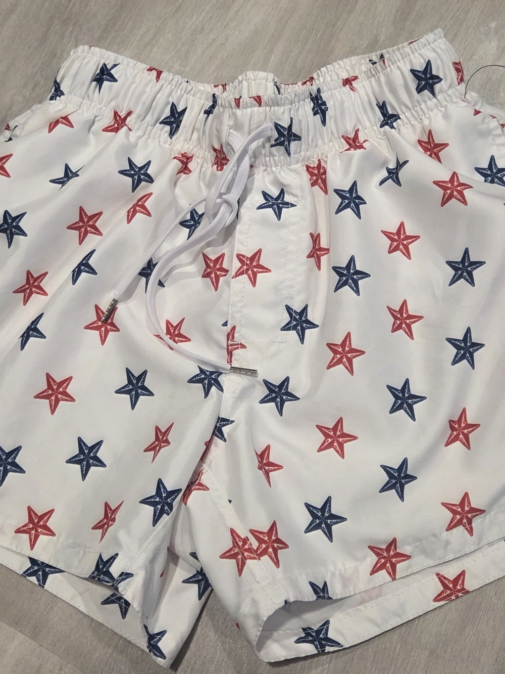 EVOLVE White Swim Shorts with Red & Navy Star Print Small